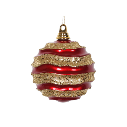 Wave Ball Ornament 6" Set of 4 Red/Gold