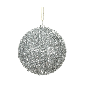 Silver Ball Ornaments 4" Tinsel Finish Set of 4