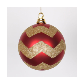 Chevron Ball Ornament 6" Set of 4 Red/Gold
