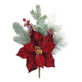Frosted Evergreen & Poinsettia Pick 15" Set of 12