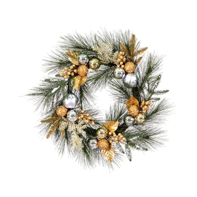 Pine & Ornament Wreath 24" Gold/Silver