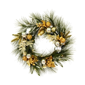 Pine & Ornament Wreath 24" Gold/Silver LED Battery Operated