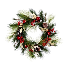 Pine & Ornament Wreath 24" Red