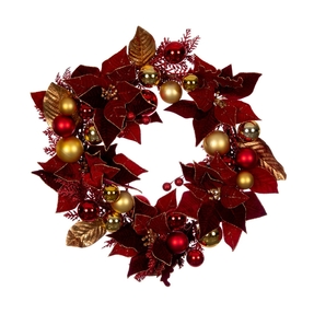 Poinsettia Ornament Wreath 22" Burgundy/Gold