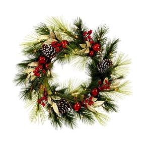 Pine & Ornament Wreath 24" Red LED Battery Operated